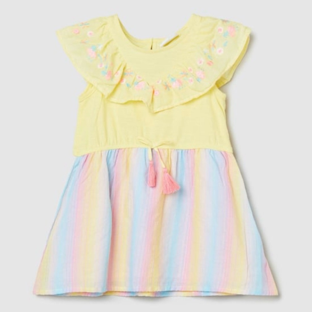 Next Girls Dress Yellow Rainbow Striped Skirt embroidered ruffles size 6-7